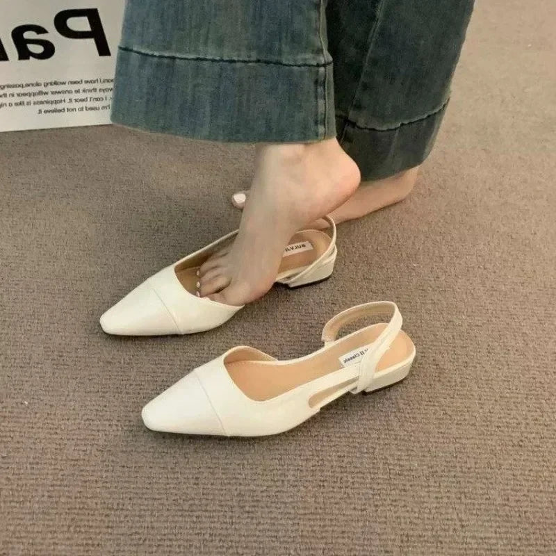 Low Heel Baotou Sandals Women's French Nude Color Pointed Small Fragrant Style Ladies Thick Heels Back Air Style Single Shoes