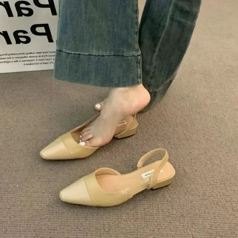 Low Heel Baotou Sandals Women's French Nude Color Pointed Small Fragrant Style Ladies Thick Heels Back Air Style Single Shoes